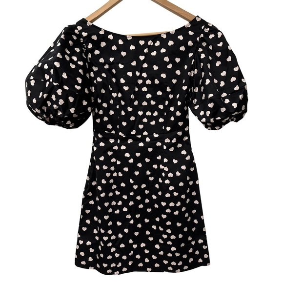 & Other Stories Fitted Puff Sleeve Mini Dress White Heart Print Black SZ 2 NWT - Picture 6 of 6